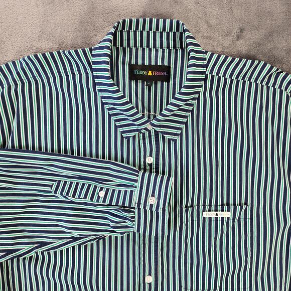 Teddy Fresh Other - Teddy Fresh Shirt Men's XL Blue Green Striped Button Up Oxford Embroidered